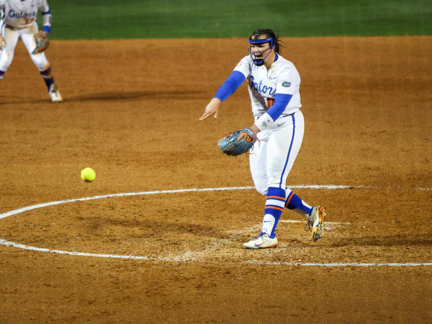 Florida pitcher Lexie Delbrey pitches the ball in the Gators' 3-0 win against the Central Florida Knights Wednesday, March 8, 2023.