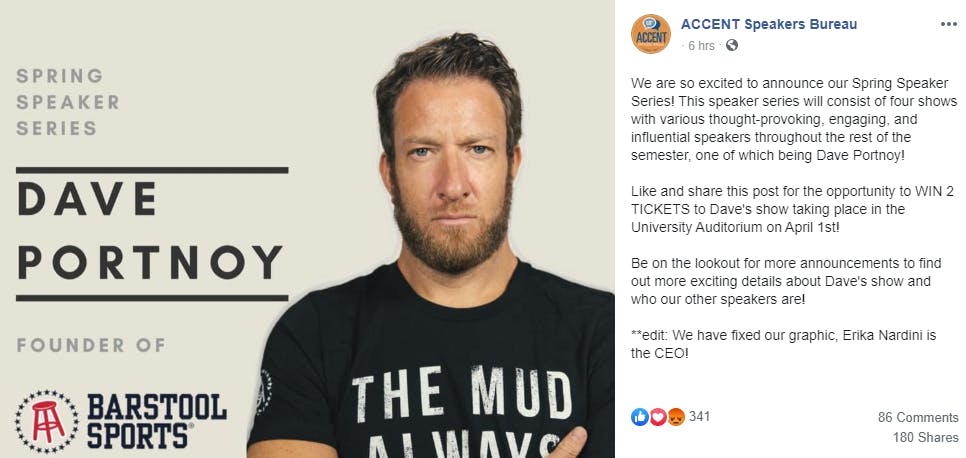 Accent Speakers Bureau will be hosting Dave Portnoy at the University Auditorium April 1.&nbsp;