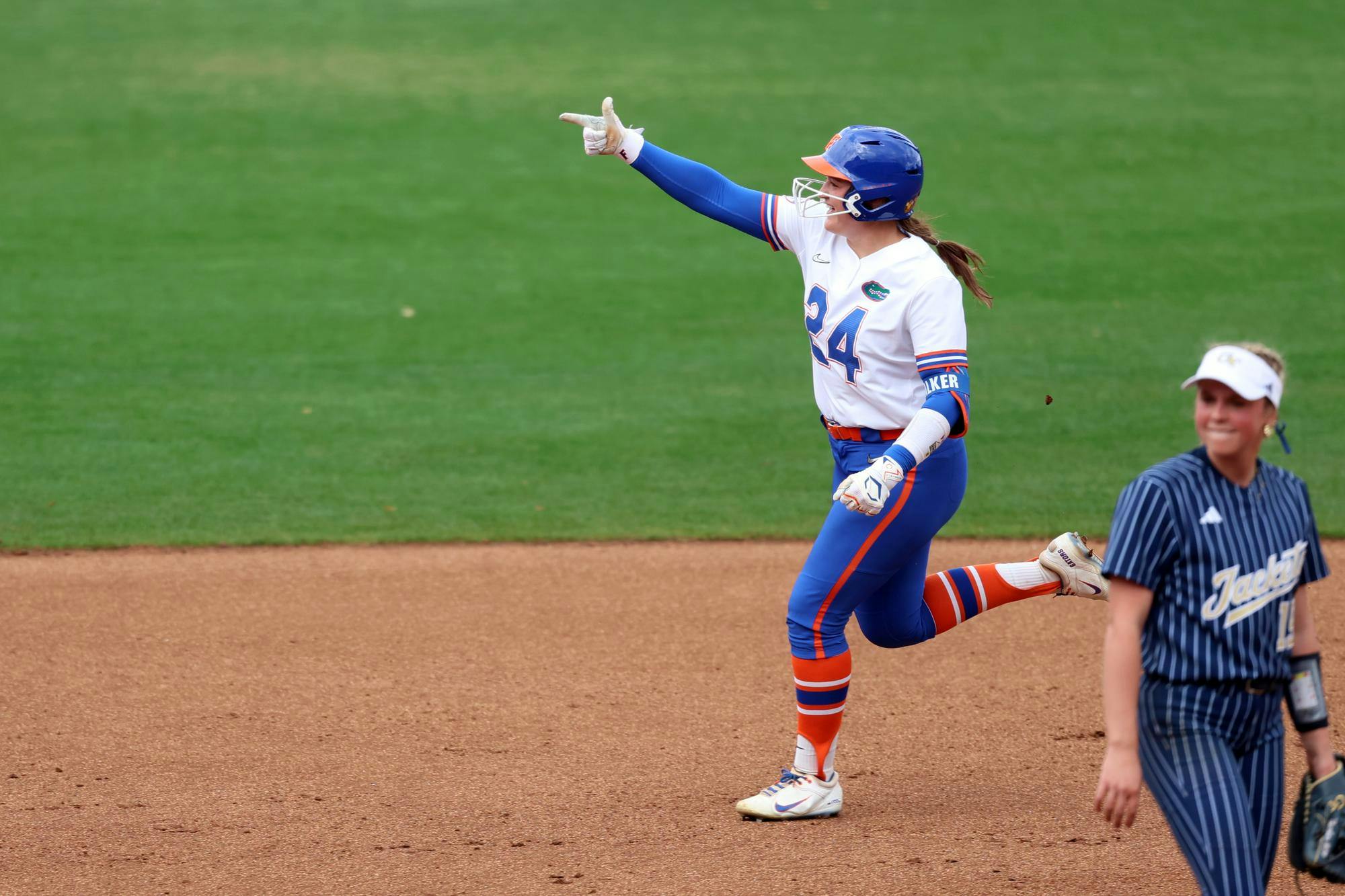 Florida infielder Madison Walker (24) celebrates after hitting her first career home run during a game against Georgia Tech at Katie Seashole Pressly Stadium in Gainesville, Fla., on Friday, Feb. 13, 2026. (Alyvia Logan/The Alligator)