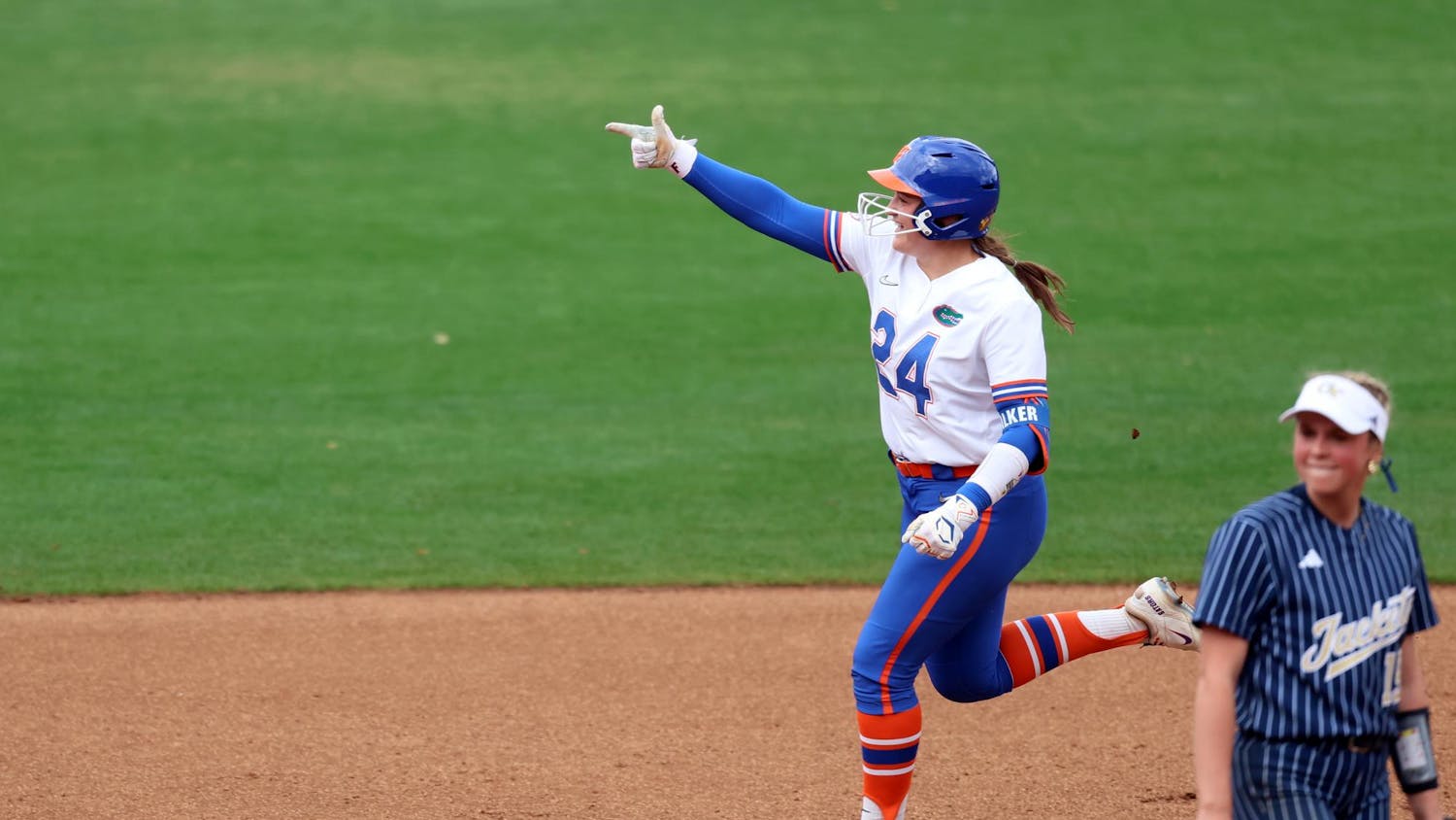 Florida infielder Madison Walker (24) celebrates after hitting her first career home run during a game against Georgia Tech at Katie Seashole Pressly Stadium in Gainesville, Fla., on Friday, Feb. 13, 2026. (Alyvia Logan/The Alligator)
