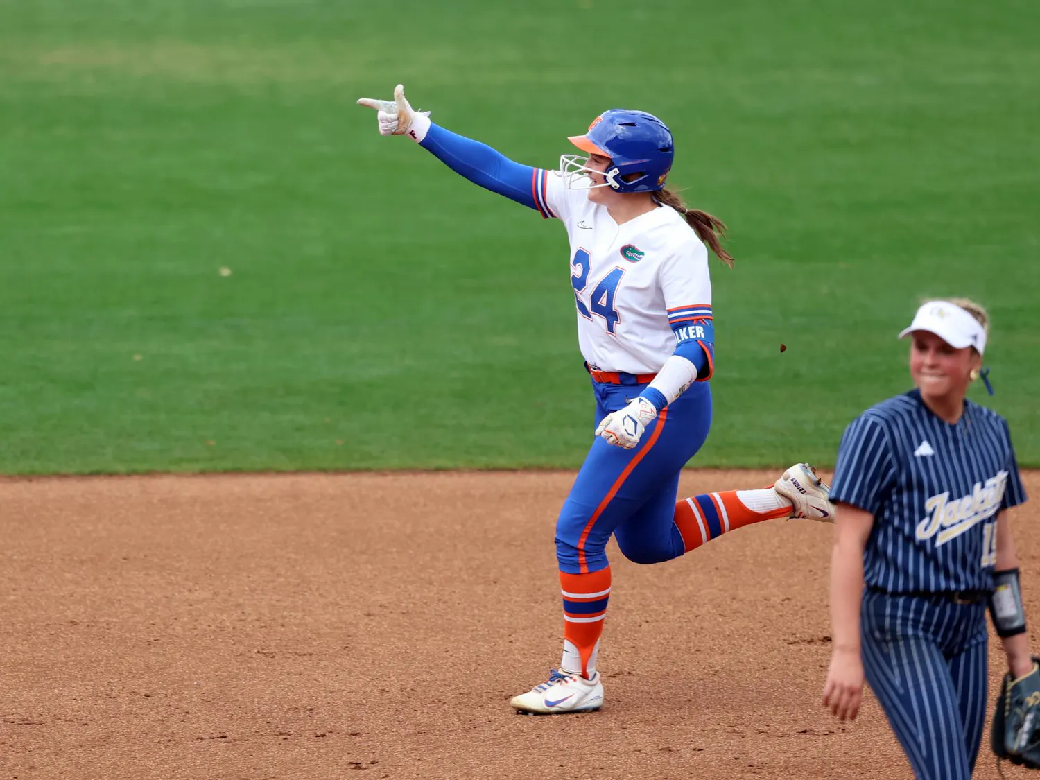 Florida infielder Madison Walker (24) celebrates after hitting her first career home run during a game against Georgia Tech at Katie Seashole Pressly Stadium in Gainesville, Fla., on Friday, Feb. 13, 2026. (Alyvia Logan/The Alligator)