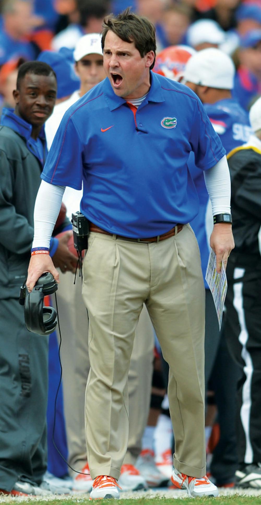 <p>Coach Will Muschamp reacts to a call in UF’s 23-0 win against Jacksonville State at Ben Hill Griffin Stadium on Nov. 17.</p>