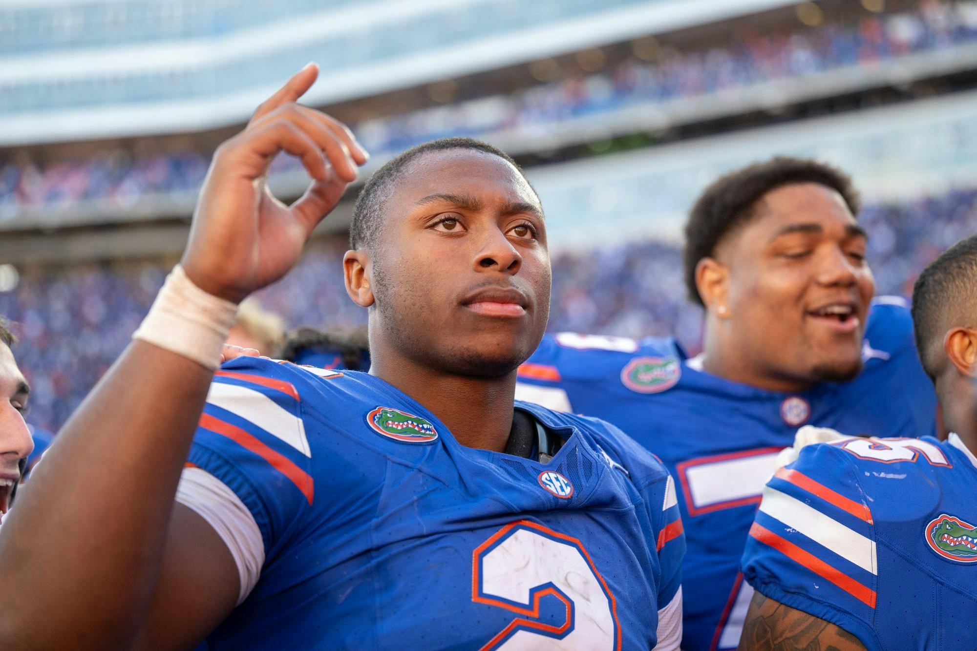 Florida Gators quarterback DJ Lagway (2)&nbsp;is seen postgame after defeating the Ole Miss Rebels by a score of 24-17 on Saturday, Nov. 3, 2024.
