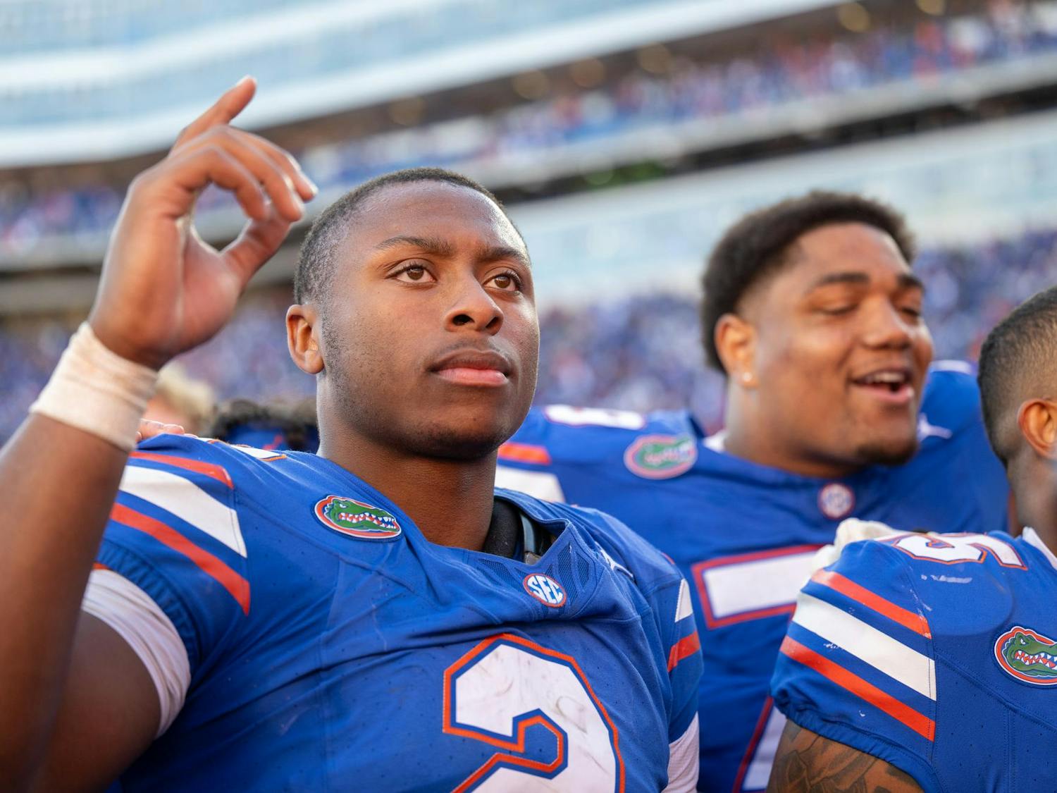 Florida Gators quarterback DJ Lagway (2) is seen postgame after defeating the Ole Miss Rebels by a score of 24-17 on Saturday, Nov. 3, 2024.