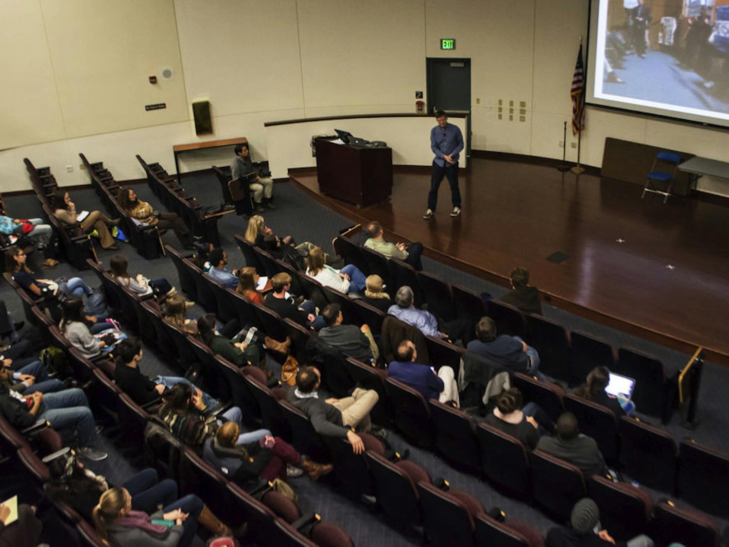 Mark Lynas, an author, environmental activist and visiting fellow at Cornell University, gives his presentation, “GMOs are Green: How an Environmentalist Changed His Mind on Biotechnology” to students in the Health Professions, Nursing and Pharmacy Auditorium on Thursday, Jan. 8.