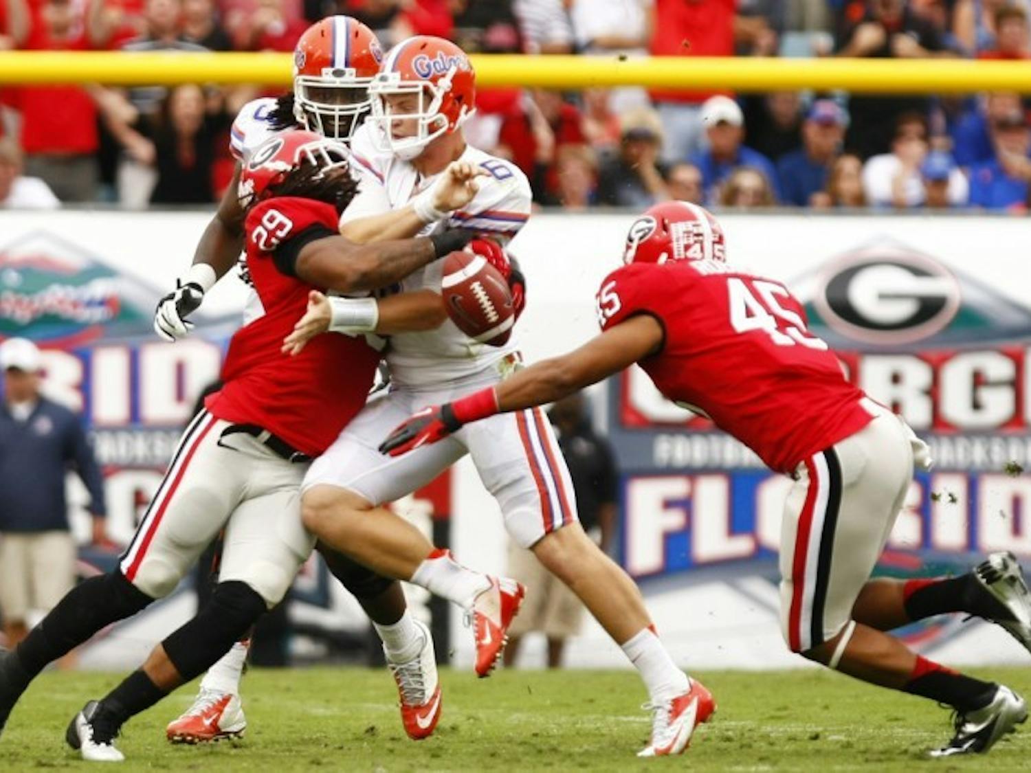 Sophomore quarterback Jeff Driskel (6) loses possession of the ball while being sacked by Georgia linebacker Jarvis Jones (29) during Florida’s 17-9 loss on Saturday at EverBank Field in Jacksonville.
