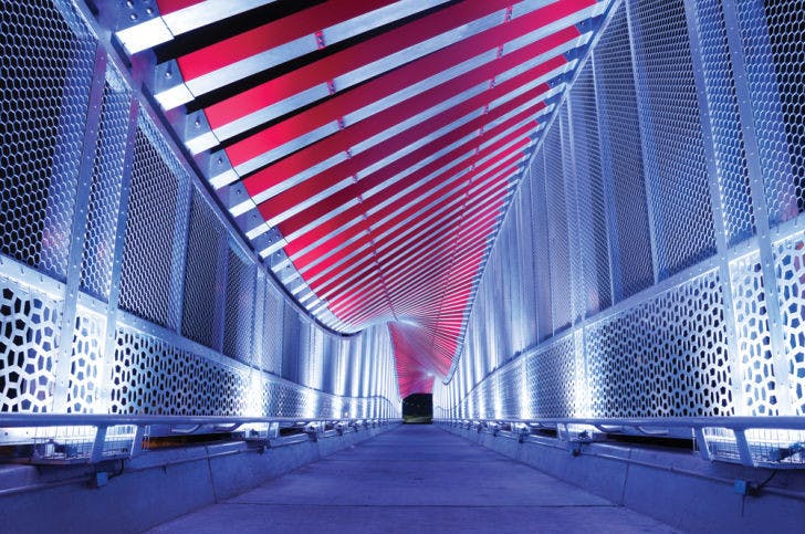 The bridge over 13th Street, nicknamed the DNA bridge, is empty early Thursday morning.