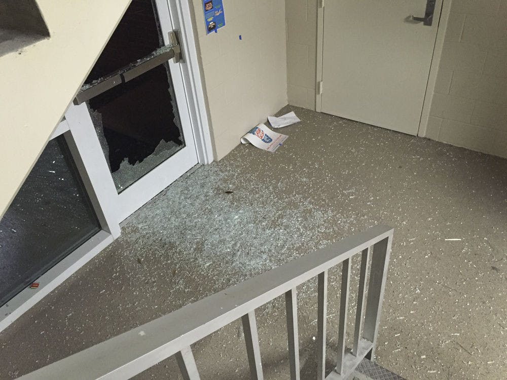One of the glass doors to the Keys Complex building was smashed late Nov. 8, 2015. University Police are investigating the incident, which Maj. Brad Barber said may have involved a fight between two men.