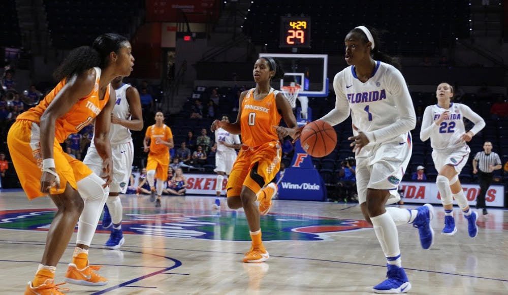 UF forward Ronni Williams dribbles the ball during Florida's 84-75 loss to Tennessee on Jan. 26, 2017, in the O'Connell Center. 