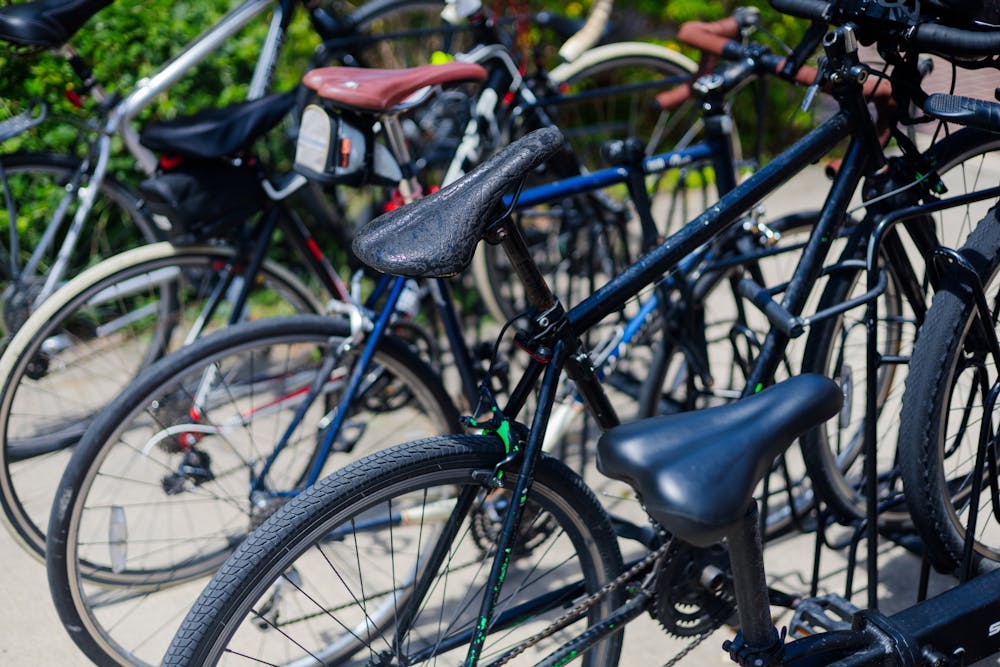 <p>A University of Florida bike rack fills up outside of Weimer Hall.</p>