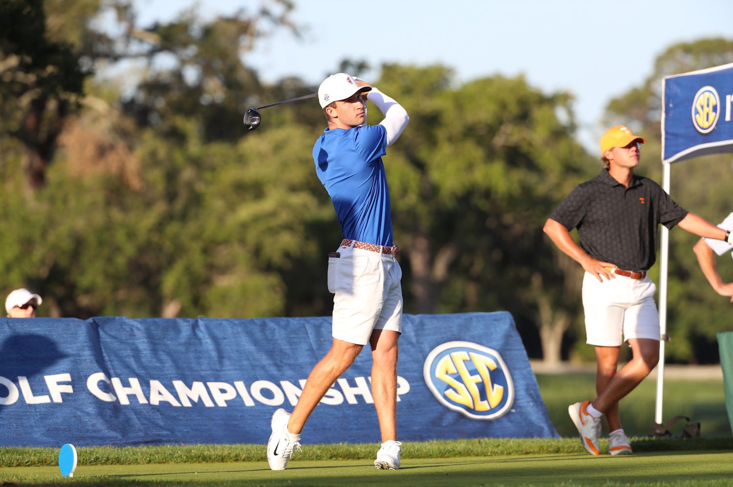 Florida redshirt freshman Matthew Kress swings his club during the Southeastern Conference Championships Thursday, April 20, 2023. / Photo by Leslie White