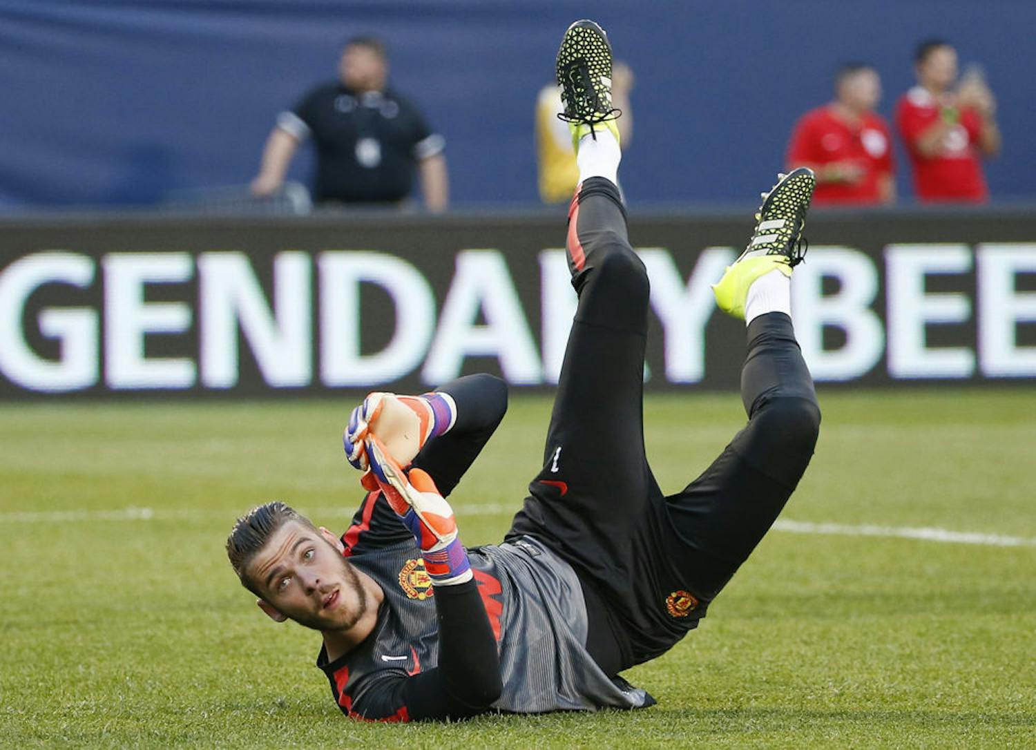 Manchester United's goalkeeper David de Gea warms up before an International Champions Cup soccer match against Paris Saint-Germain in Chicago on July 29.