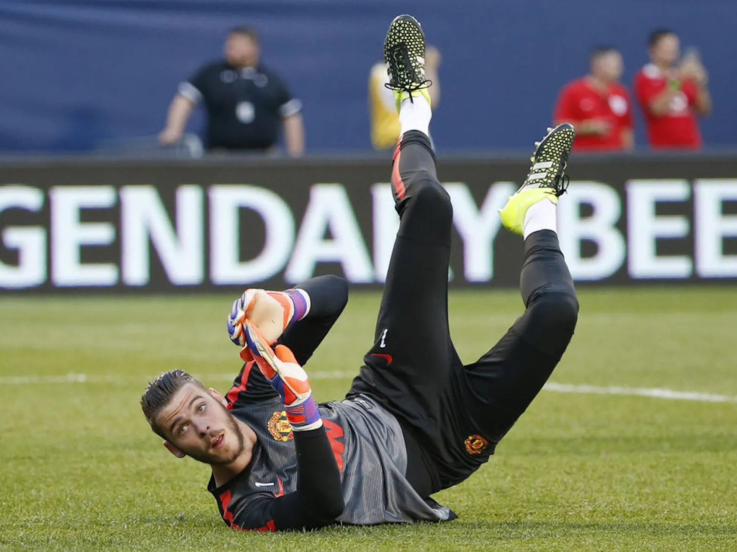 Manchester United's goalkeeper David de Gea warms up before an International Champions Cup soccer match against Paris Saint-Germain in Chicago on July 29.