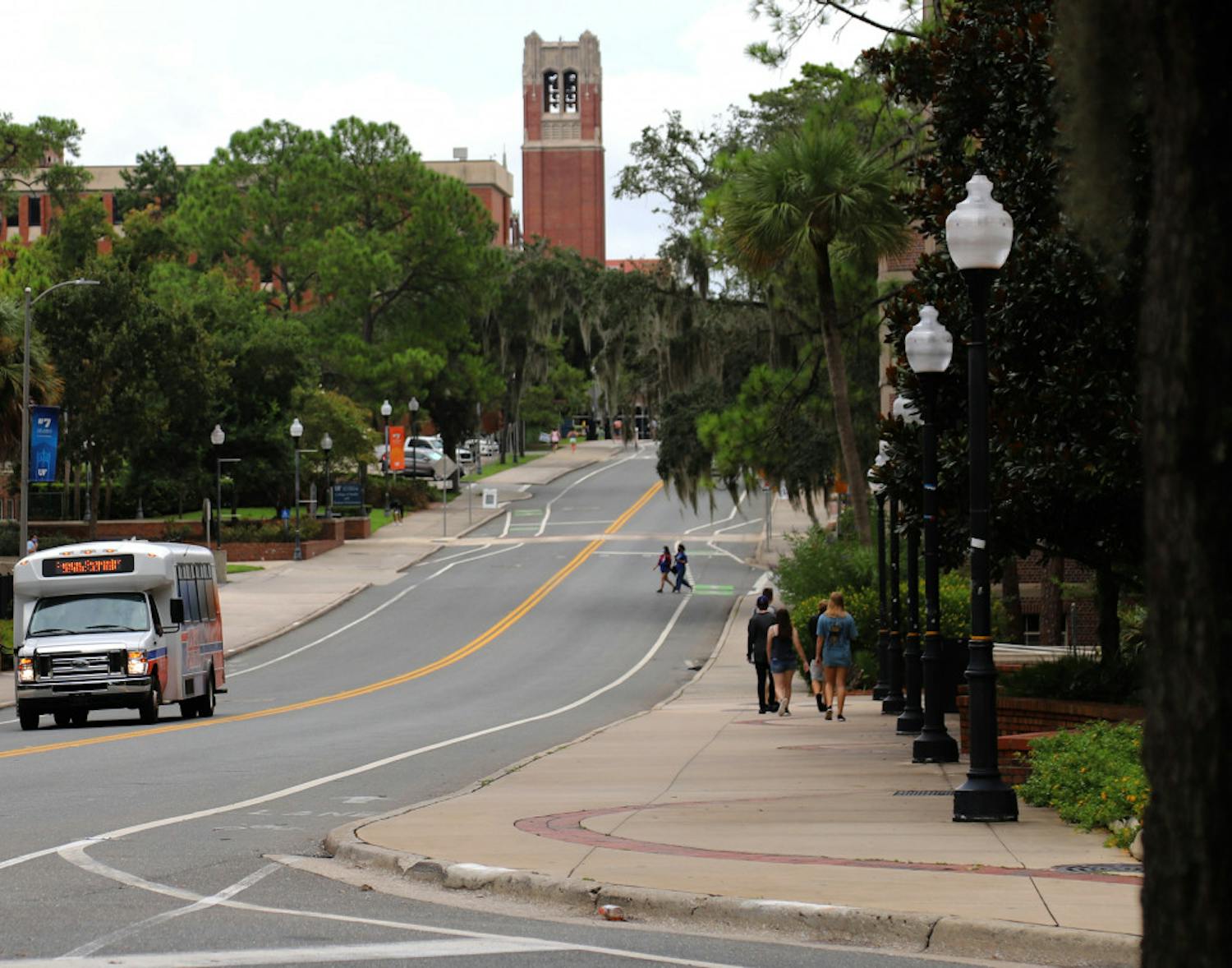 Few students are seen wandering around UF’s campus on August 31, 2020, in Gainesville Fla., due to the social distancing guidelines and mask requirements set in place. However, the Campus Connector and RTS buses still operate with frequent trips across campus. 