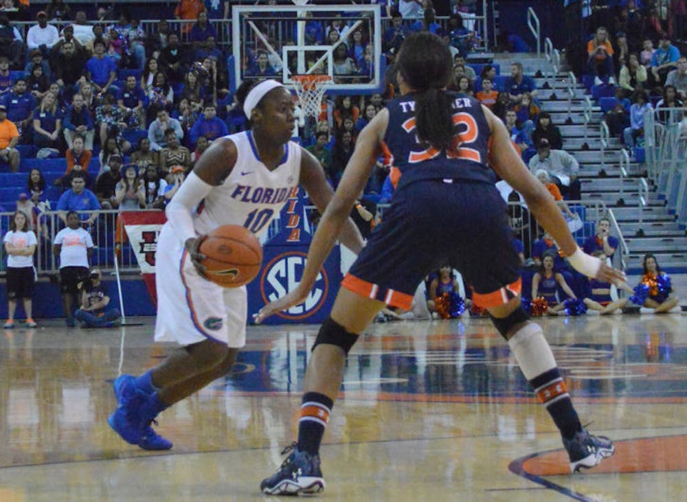 <p>Jaterra Bonds drives the ball down the court during Florida’s 87-69 win against Auburn on Sunday in the O’Connell Center. Bonds scored eight free throws as the Gators went 21-of-26 at the line on Sunday.</p>