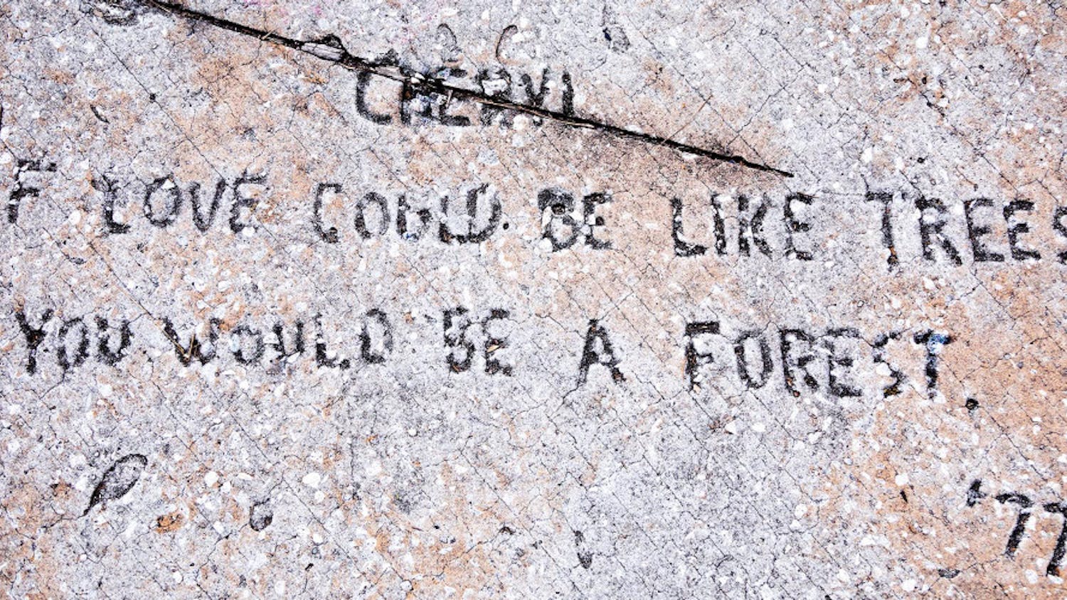 The inscription of a poem dedicated to a person named Cheryl is displayed in front of the steps of Matherly Hall. It was investigated and discussed in a podcast called 'Cheryl '77.' 