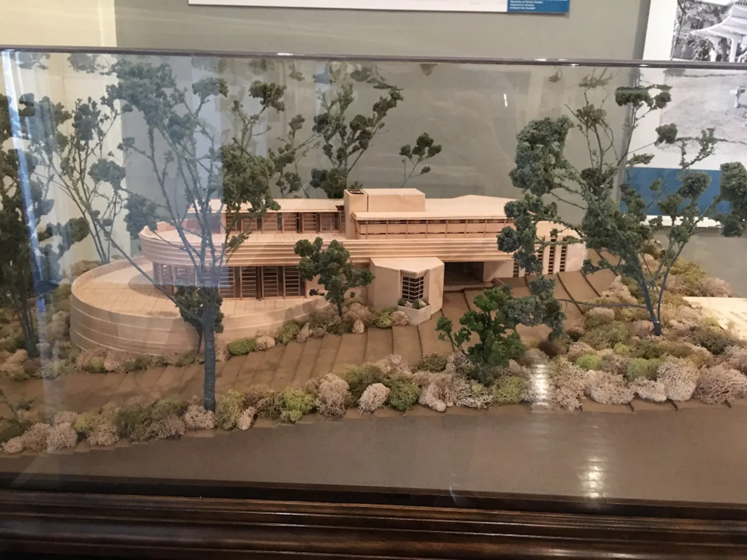 A model of the unbuilt Zeta Beta Tau Fraternity House designed by Frank Lloyd Wright. The design for the house was drawn in 1954 and followed the mid-century style, but due in part to code issues, the house was never built.