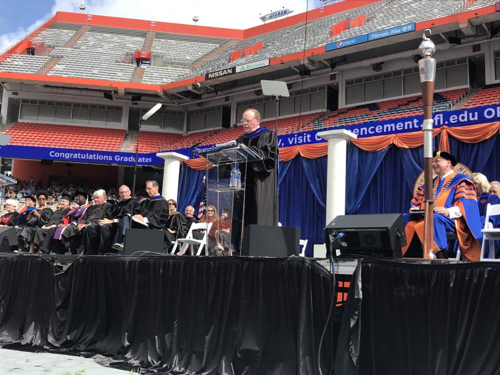 <p>Bestselling author James Patterson speaks to an estimated 2,500 students at UF's university-wide commencement on Saturday. "If you only take one thing away from today, please take this: Passion is the key reason for choosing a career,” Patterson said.</p>
