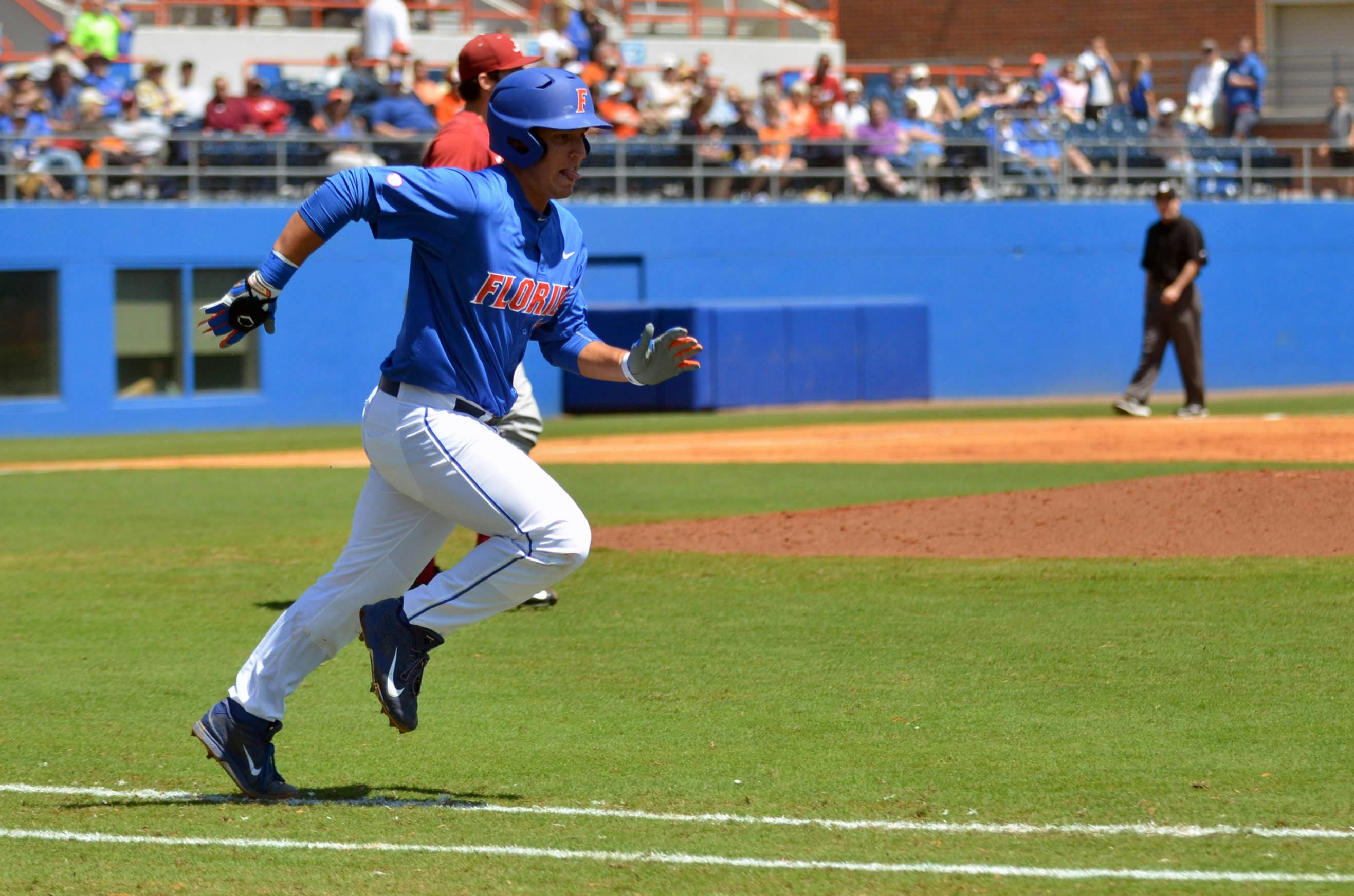 Freshman Jeremy Vasquez runs toward first base during Florida's 7-4 win against Alabama on March 28 at McKethan Stadium.