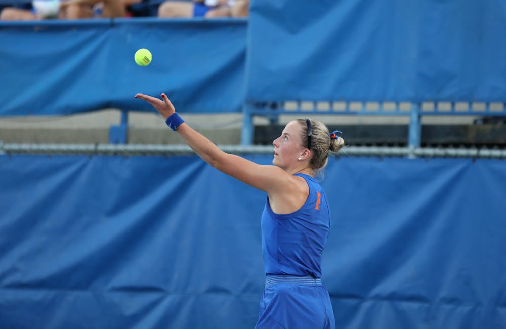 Florida junior Sara Dahlstrom prepares to serve the ball during the Gators' match against the Pepperdine Waves Friday, Feb. 24, 2023 at Alfred A. Ring Tennis Complex in Gainesville, Florida.
