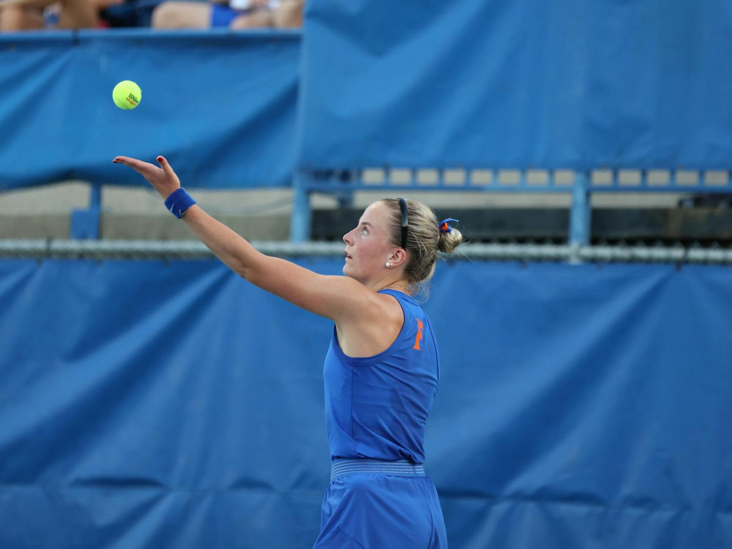 Florida junior Sara Dahlstrom prepares to serve the ball during the Gators' match against the Pepperdine Waves Friday, Feb. 24, 2023 at Alfred A. Ring Tennis Complex in Gainesville, Florida.