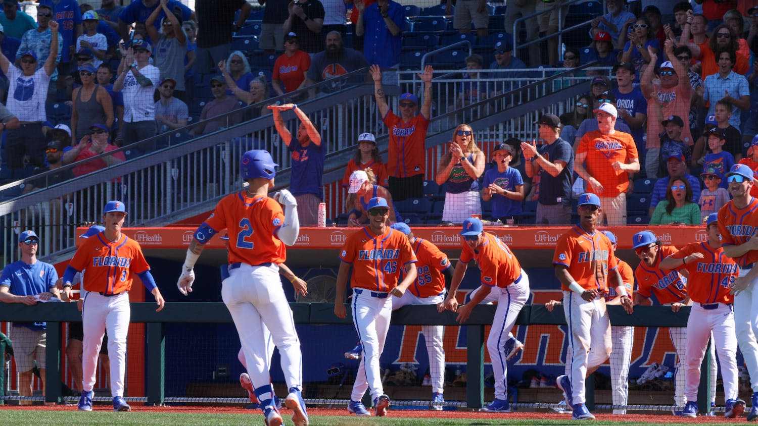 Florida right fielder Ty Evans flips his bat after he hit a home run in the Gators' 14-4 win over the Miami Hurricanes Sunday, March 5, 2023.