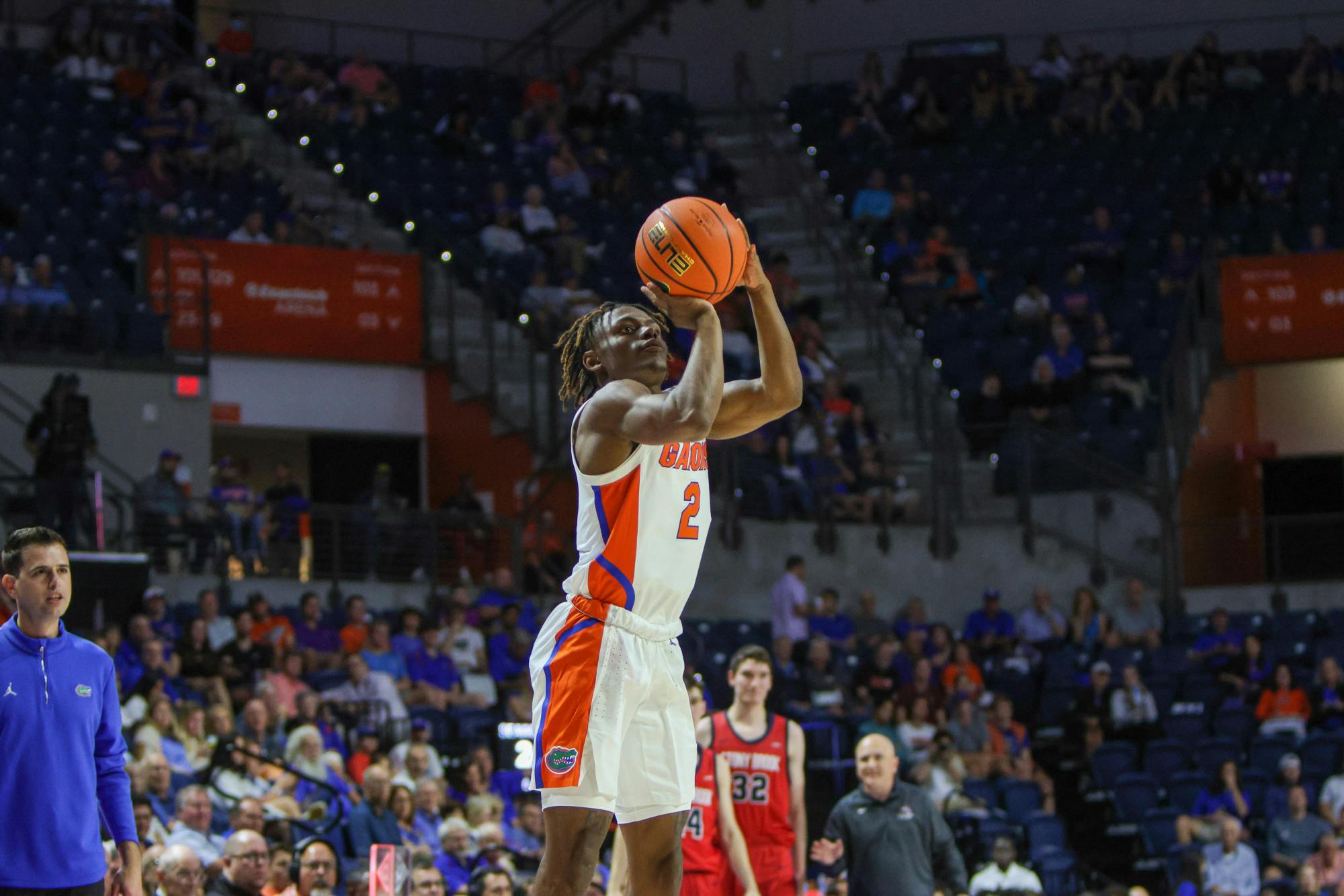 Florida guard Trey Bonham loads up for a shot against Stony Brook Monday, Nov. 7, 2022. Bonham lead the Gators in scoring with 23 points against Xavier Thursday. 