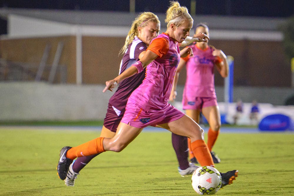 <p>Tessa Andujar dribbles the ball during Florida's 5-1 win against Mississippi State on Friday at James G. Pressly Stadium.</p>