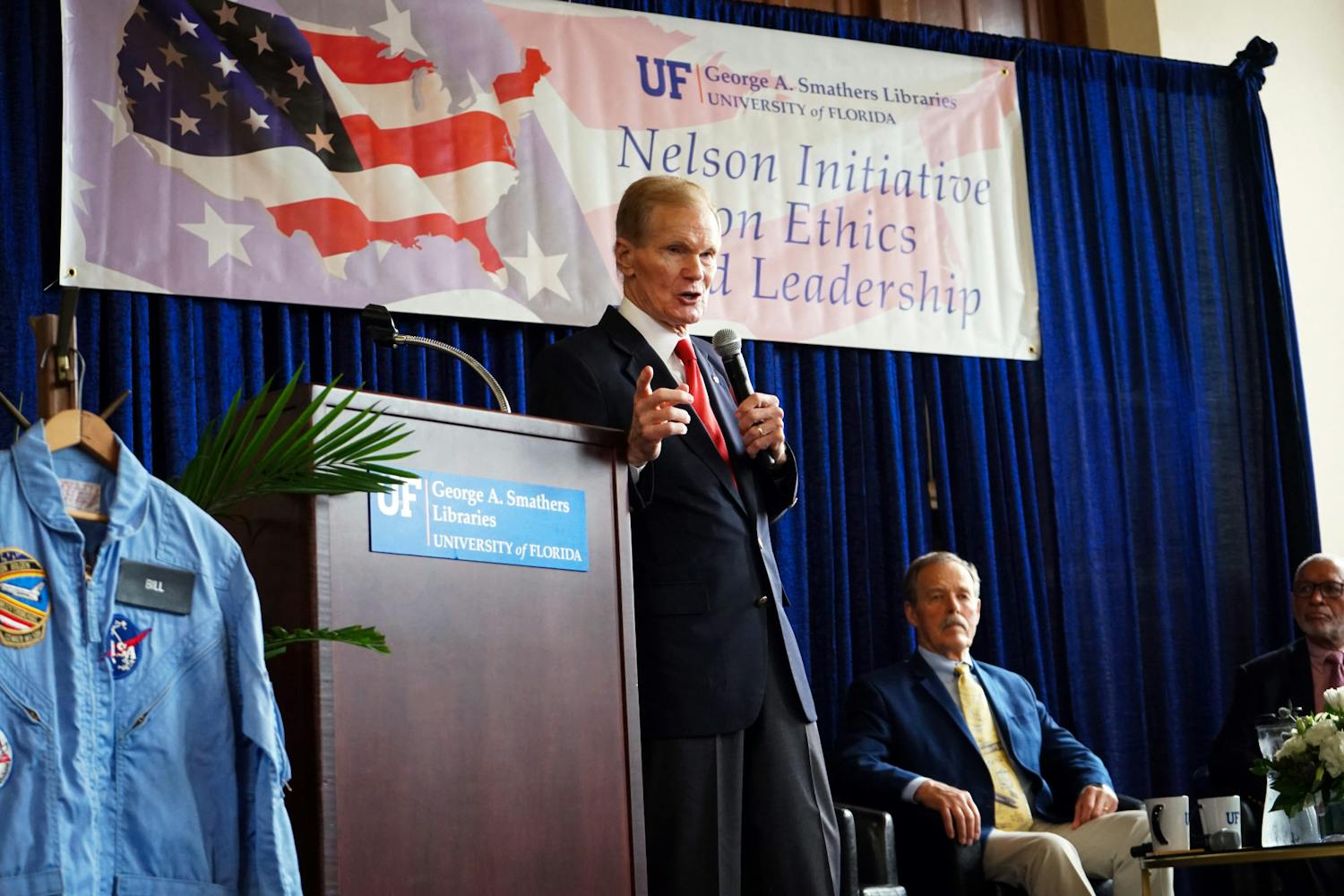 At UF&#x27;s Smathers Library Grand Reading Room, Bill Nelson, former U.S Senator for Florida and current administrator for NASA, speaks at the Nelson Initiative on Ethics and Leadership. Nelson was joined by previous astronauts Charles Bolden and Robert Gibson Friday, Feb. 17, 2023. 
