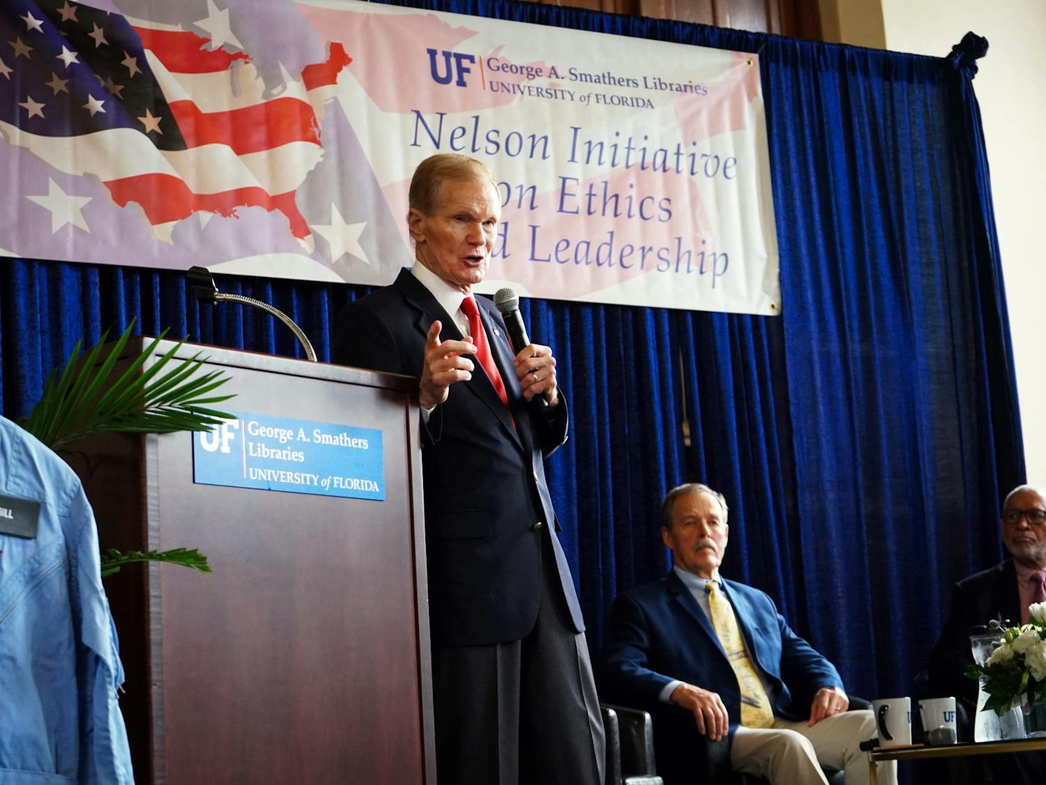 At UF&#x27;s Smathers Library Grand Reading Room, Bill Nelson, former U.S Senator for Florida and current administrator for NASA, speaks at the Nelson Initiative on Ethics and Leadership. Nelson was joined by previous astronauts Charles Bolden and Robert Gibson Friday, Feb. 17, 2023. 