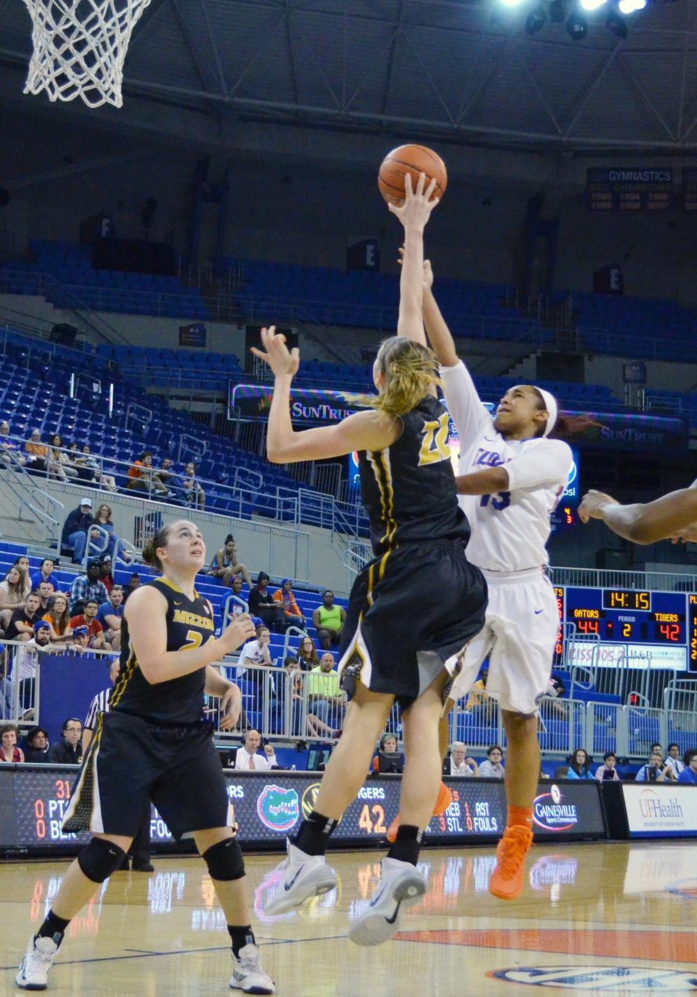 Cassie Peoples attempts a shot during Florida’s 81-76 loss to Missouri on Thursday in the O’Connell Center. Peoples averages 9.9 points per game.