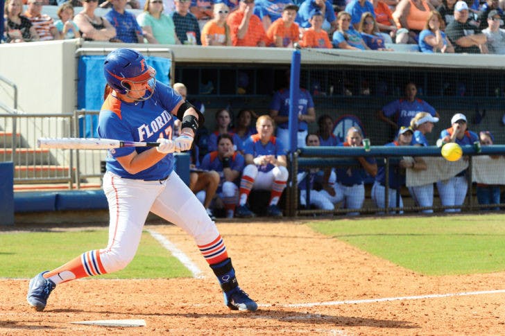 Sophomore Lauren Haeger swings during Florida’s 4-2 win against Mississippi State on April 6 at Katie Seashole Pressly Stadium. Haeger hit a three-run homer in Florida's 5-2 win against Georgia on Saturday.
