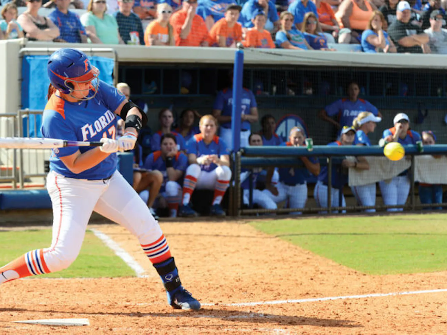 Sophomore Lauren Haeger swings during Florida’s 4-2 win against Mississippi State on April 6 at Katie Seashole Pressly Stadium. Haeger hit a three-run homer in Florida's 5-2 win against Georgia on Saturday.