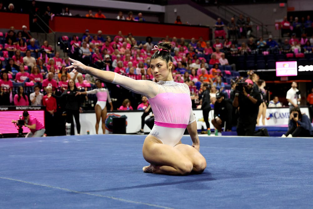 Florida freshman Kayla Dicello performs her floor routine in the Gators' win against the Missouri Tigers Friday, Feb. 10, 2023.
