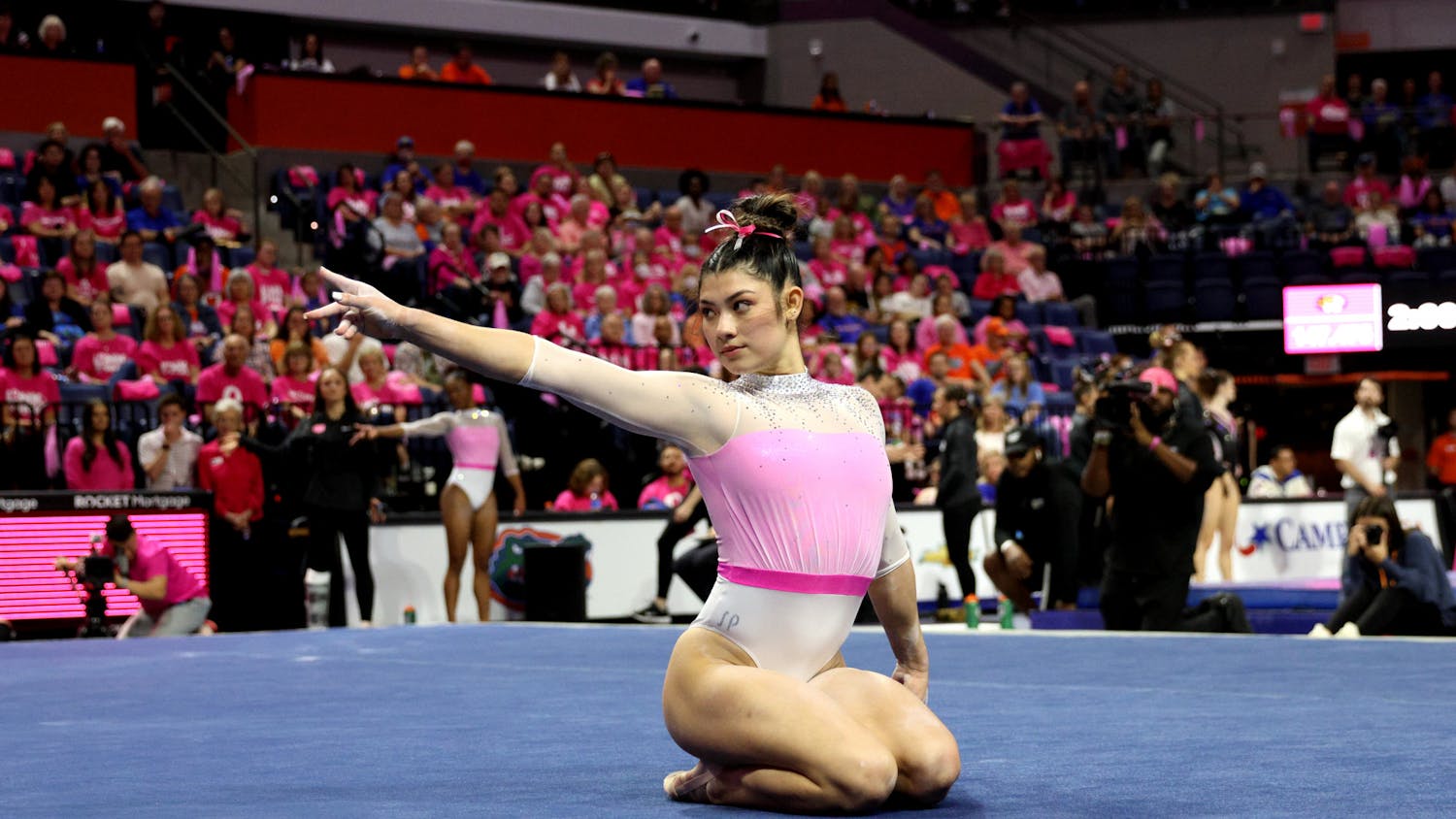 Florida freshman Kayla Dicello performs her floor routine in the Gators' win against the Missouri Tigers Friday, Feb. 10, 2023.