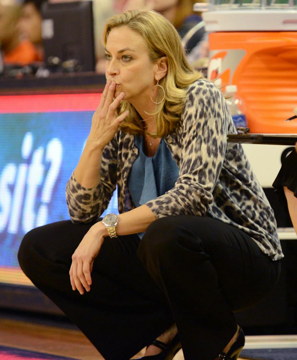 <p>Coach Amanda Butler watches during Florida’s 52-44 loss to South Carolina on Sunday in the O’Connell Center.</p>