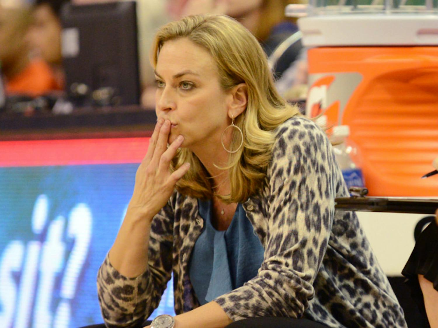 Coach Amanda Butler watches during Florida’s 52-44 loss to South Carolina on Sunday in the O’Connell Center.