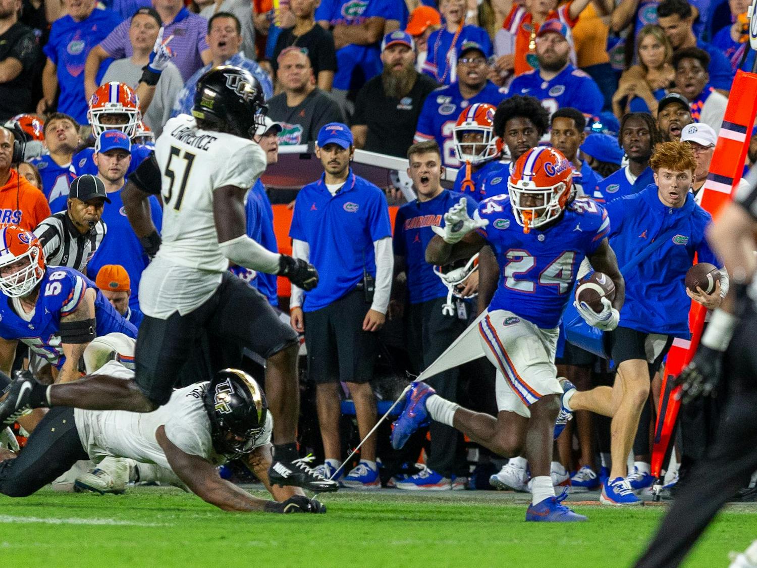 Florida Gators running back Ja'Kobi Jackson (24) rushes the ball during the second half half at Steve Spurrier-Florida Field at Ben Hill Griffin Stadium on Saturday, October 05, 2024.