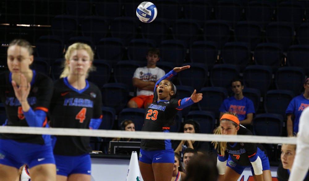 <p>Chanelle Hargreaves serves the ball during Florida's 3-0 win against Florida A&amp;M on Sept. 15, 2017, at the O'Connell Center.</p>