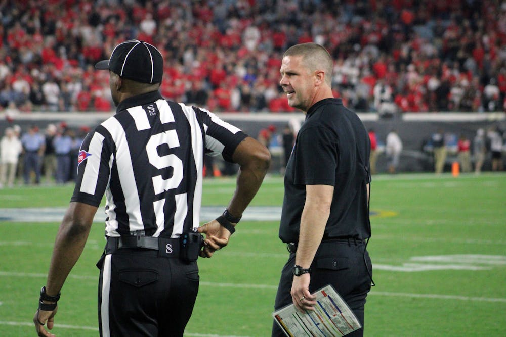 <p>Florida head coach Billy Napier argues with an official during the Gators’ loss to Georgia Saturday, Oct. 29, 2022.</p>
