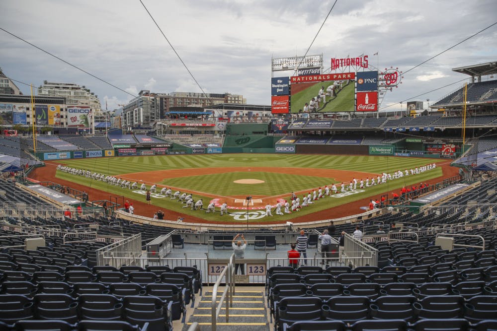 The New York Yankees and the Washington Nationals kneel while holding a black ribbon to honor Black Lives Matter before playing an opening day baseball game at Nationals Park, Thursday, July 23, 2020, in Washington. before the start of the first inning of an opening day baseball game at Nationals Park, Thursday, July 23, 2020, in Washington. (AP Photo/Alex Brandon)