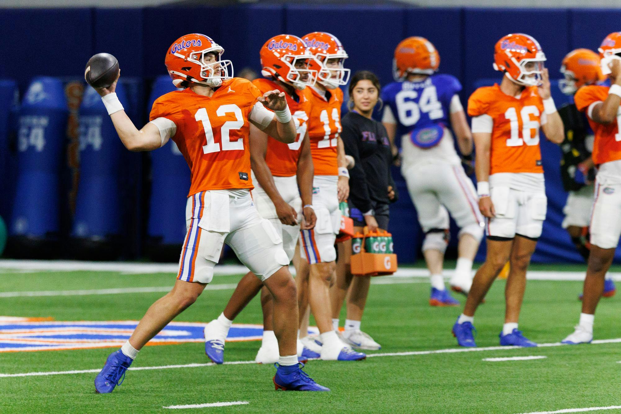 Florida quarterback Aaron Philo (12) throws the ball during spring practice at the Heavener Football Training Center in Gainesville, Fla., Tuesday, April 7, 2026.