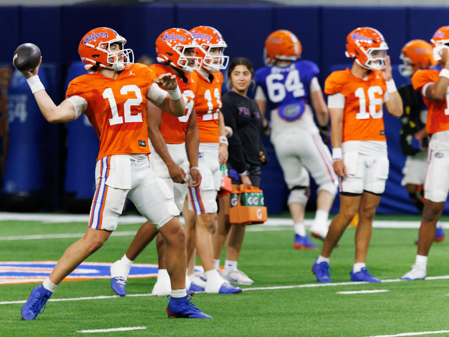 Florida quarterback Aaron Philo (12) throws the ball during spring practice at the Heavener Football Training Center in Gainesville, Fla., Tuesday, April 7, 2026.