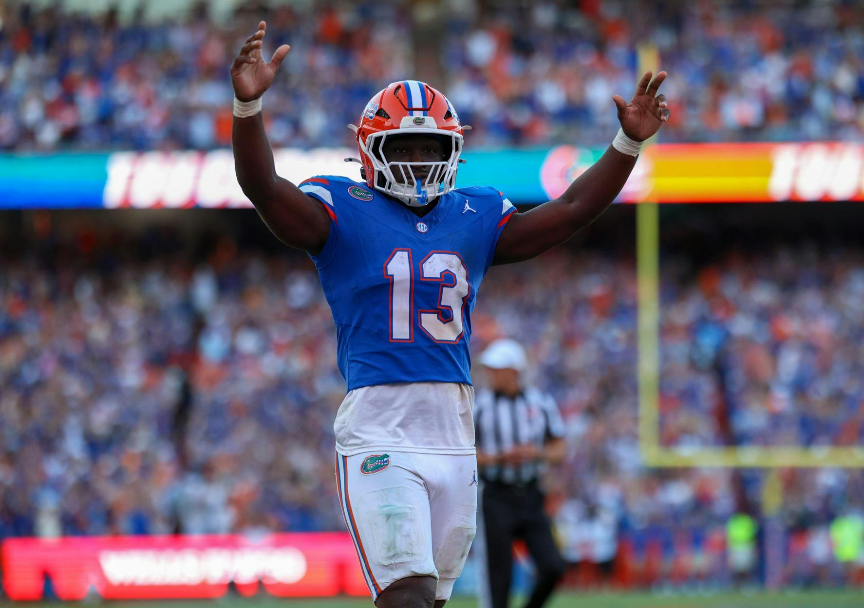 Florida running back Jadan Baugh (13) celebrates during an NCAA college football game against Ole Miss, Saturday, Sept. 26, 2026, in Gainesville, Fla.