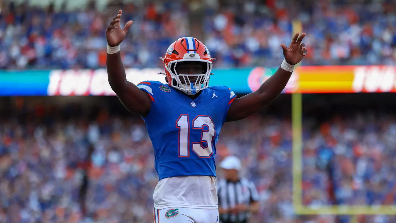 Florida running back Jadan Baugh (13) celebrates during an NCAA college football game against Ole Miss, Saturday, Sept. 26, 2026, in Gainesville, Fla.