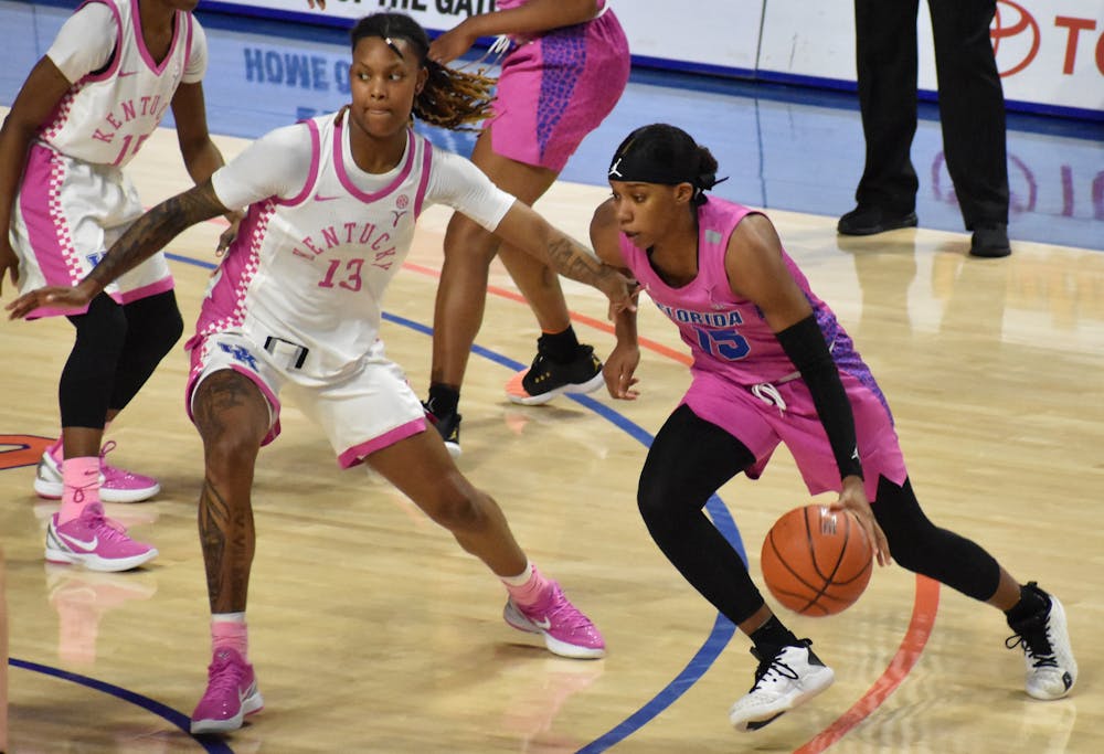 <p>Guards Nina Rickards and Danielle Rainey picked up the slack from Briggs’ absence, hitting career highs with 19 and 20 points. Photo from Feb. 15 UF-Kentucky game.</p>