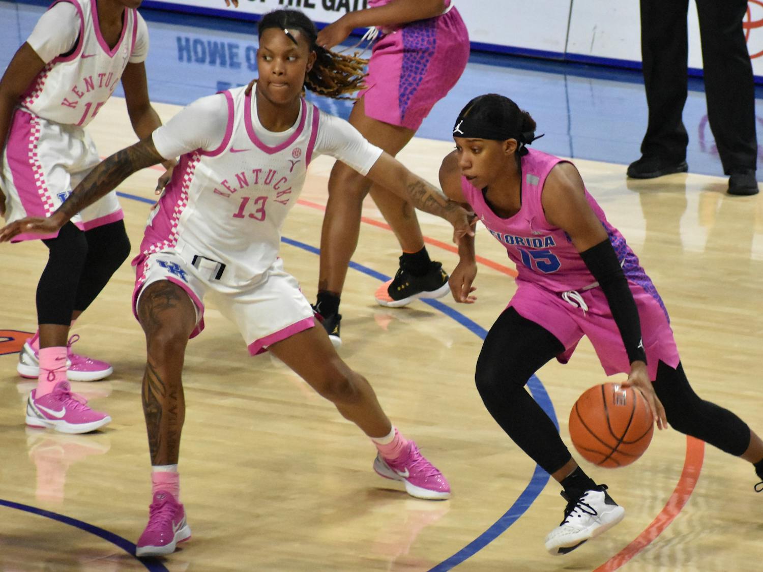 Guards Nina Rickards and Danielle Rainey picked up the slack from Briggs’ absence, hitting career highs with 19 and 20 points. Photo from Feb. 15 UF-Kentucky game.