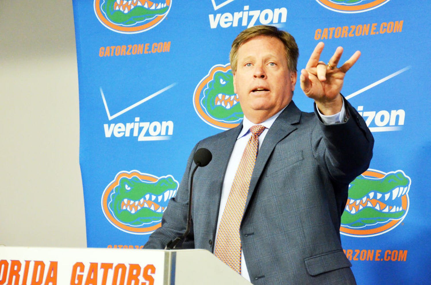 Florida football coach Jim McElwain speaks to media members during a press conference on March 10 in the Southeast End Zone meeting room at Ben Hill Griffin Stadium.