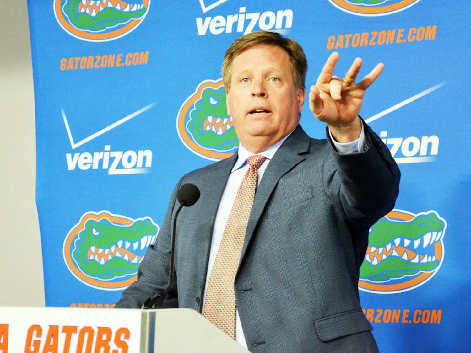 Florida football coach Jim McElwain speaks to media members during a press conference on March 10 in the Southeast End Zone meeting room at Ben Hill Griffin Stadium.