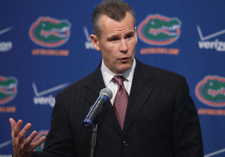 Billy Donovan addresses reporters during Florida’s media day at the University Women’s Club on Oct. 9. Donovan picked up Florida’s fourth commitment of the Class of 2014 on Wednesday.